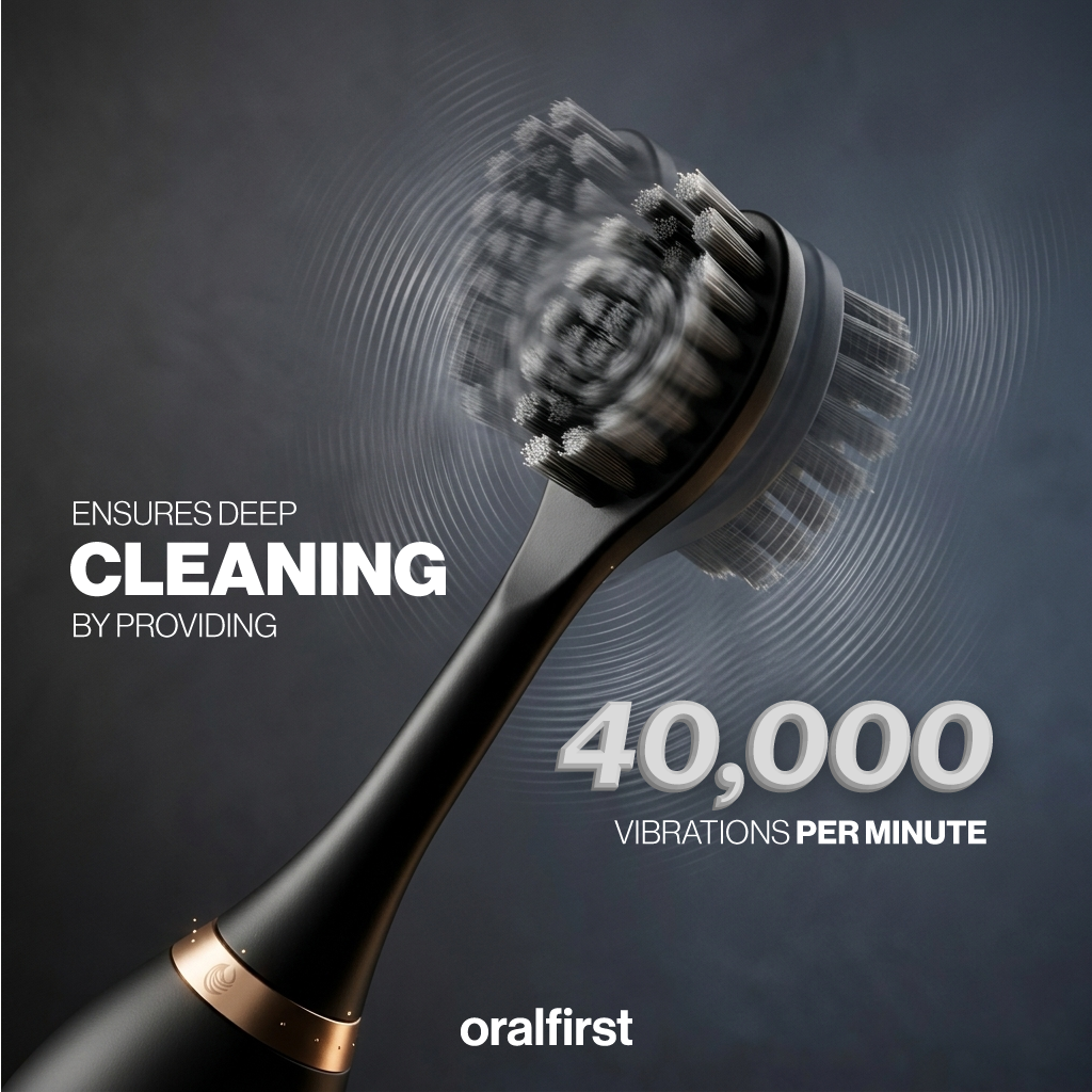 Oral cleaning brush with text highlighting deep cleaning and vibration rate on a dark background, featuring the brand 'oralfirst'.