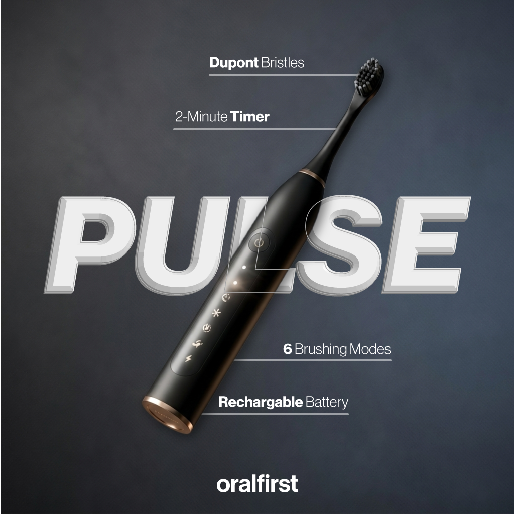 Black electric toothbrush with features listed on a dark background, branded as 'oralfirst'.