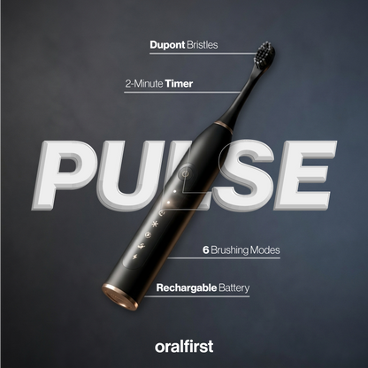 Black electric toothbrush with features listed on a dark background, branded as 'oralfirst'.