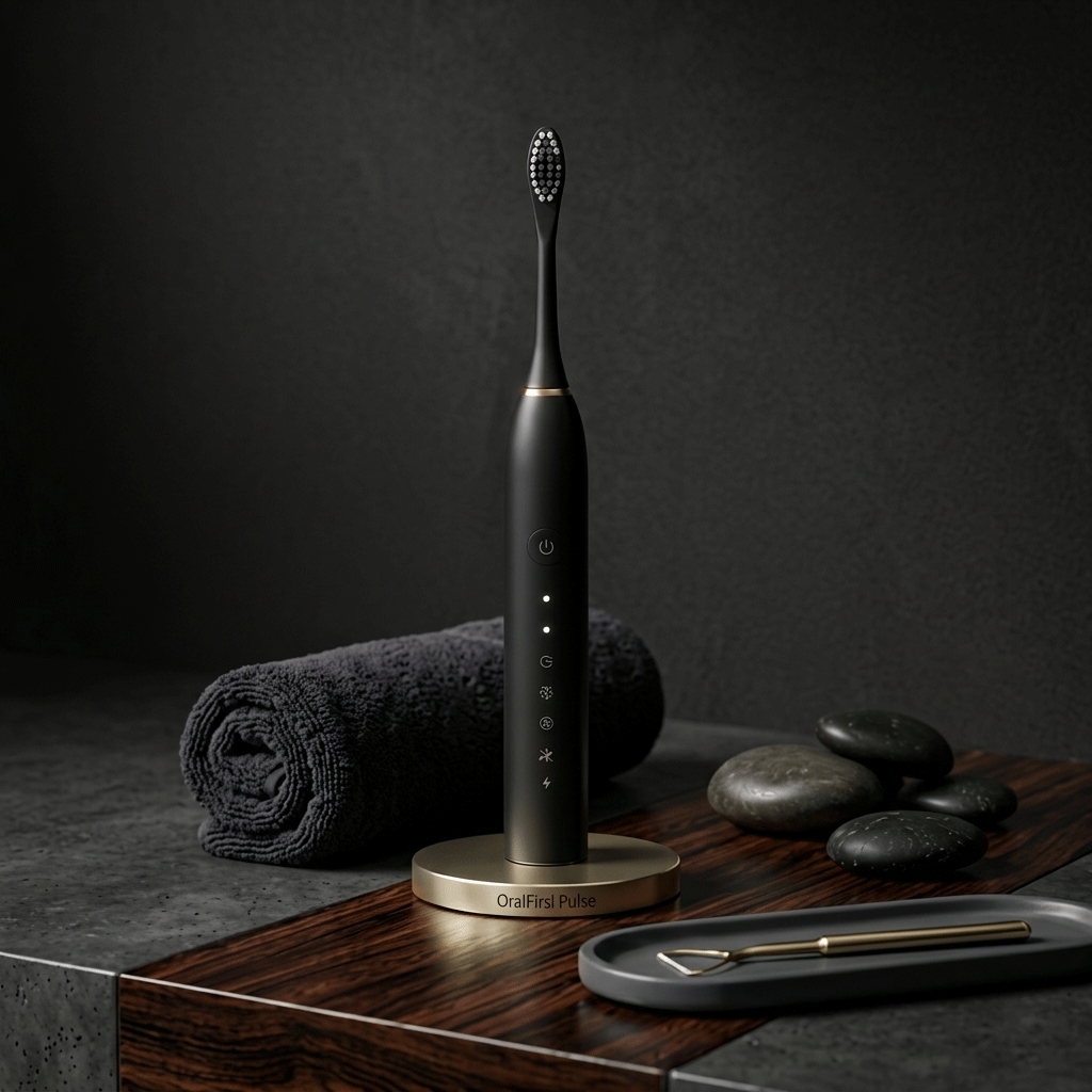 Black electric toothbrush on a wooden stand with a dark background