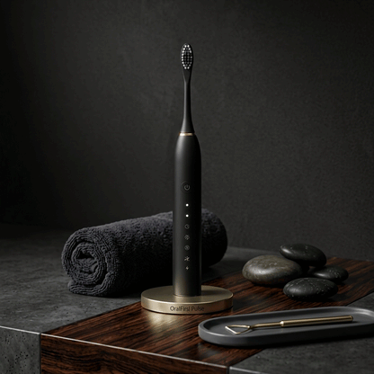 Black electric toothbrush on a wooden stand with a dark background