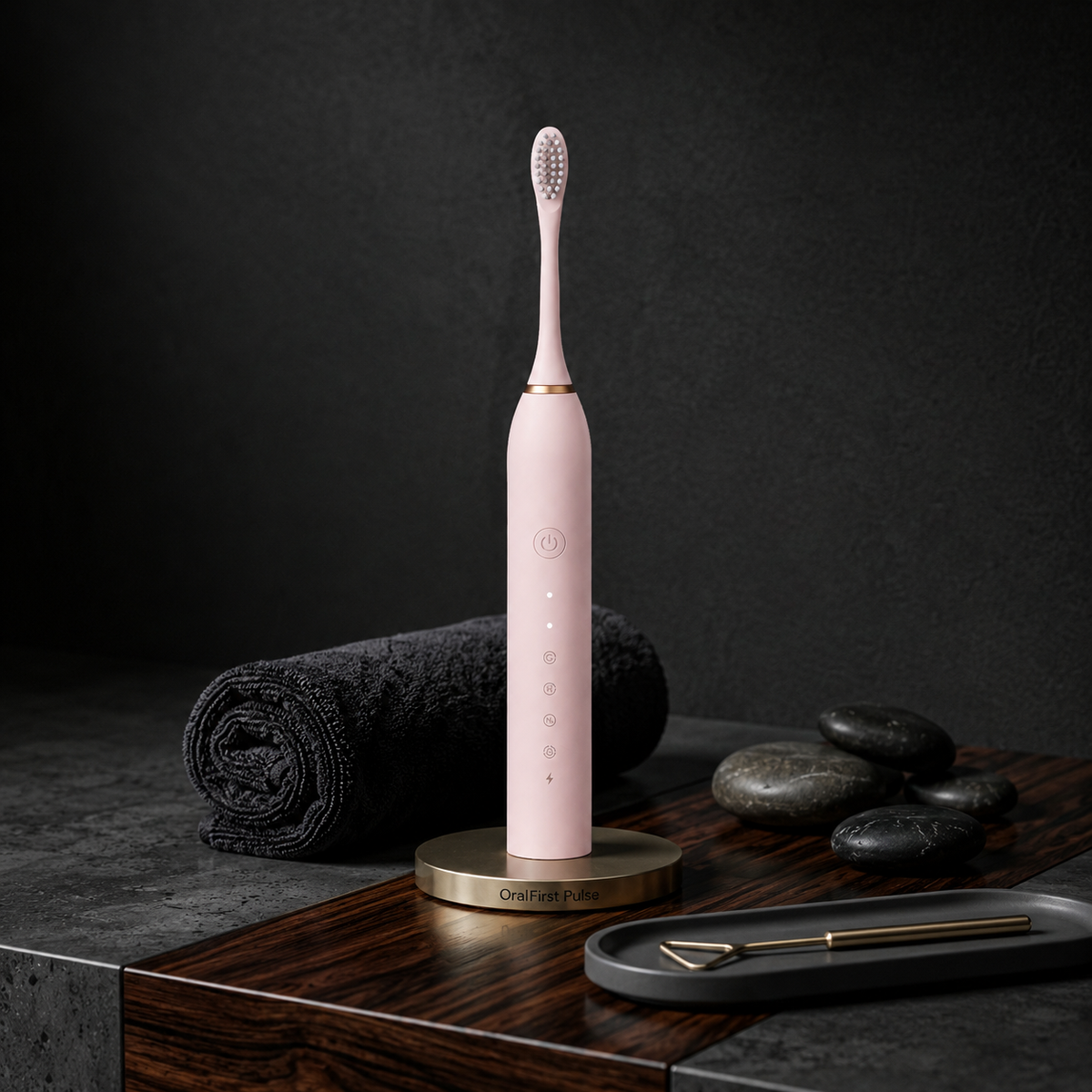 Pink electric toothbrush on a wooden stand with a dark background