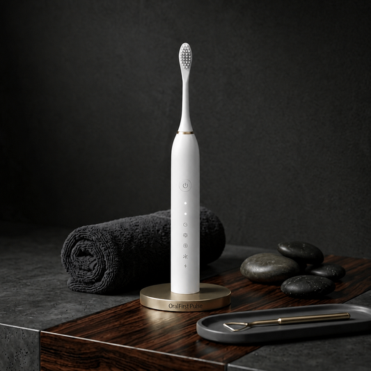 White electric toothbrush on a wooden stand with a dark background